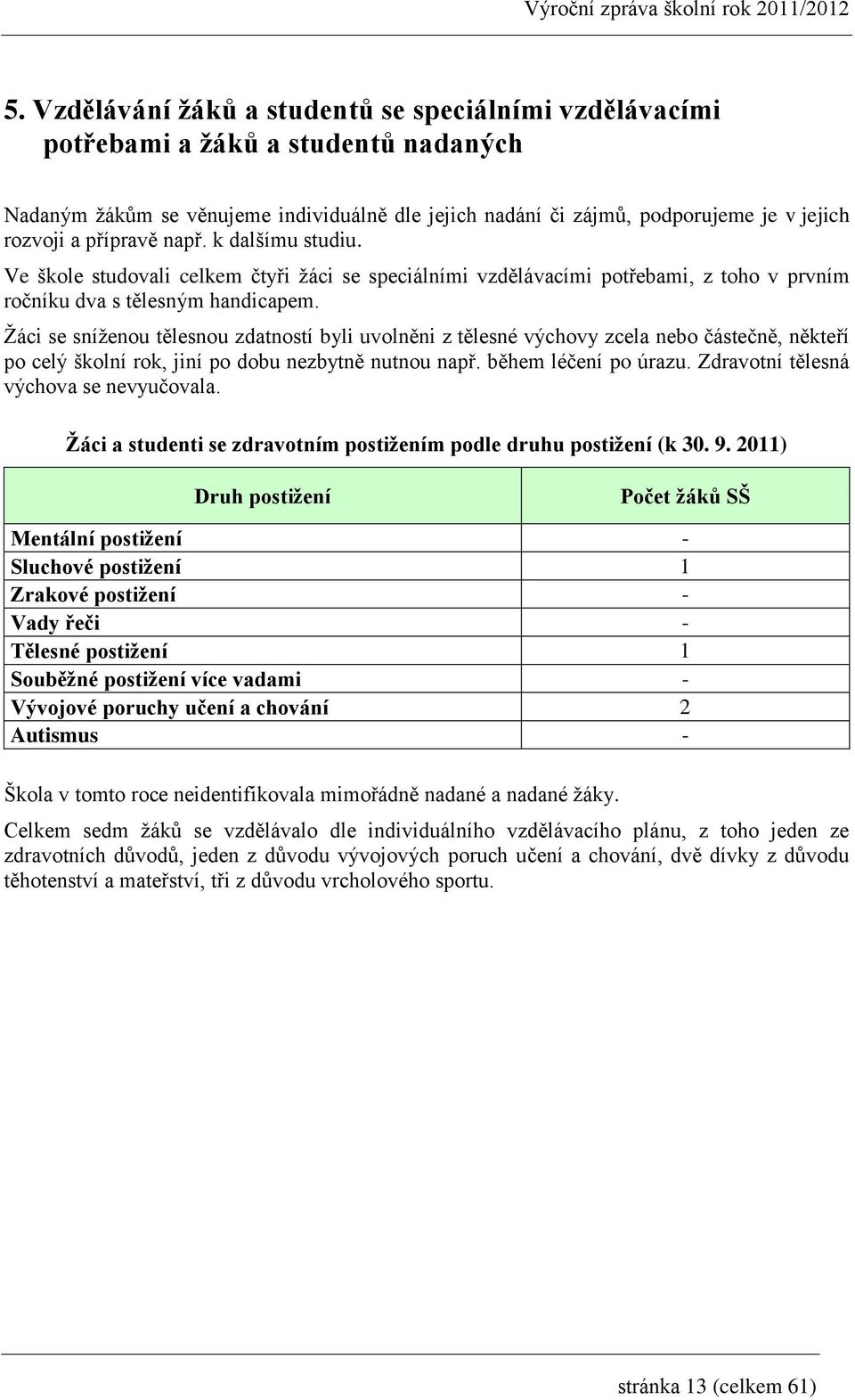 Žáci se sníženou tělesnou zdatností byli uvolněni z tělesné výchovy zcela nebo částečně, někteří po celý školní rok, jiní po dobu nezbytně nutnou např. během léčení po úrazu.