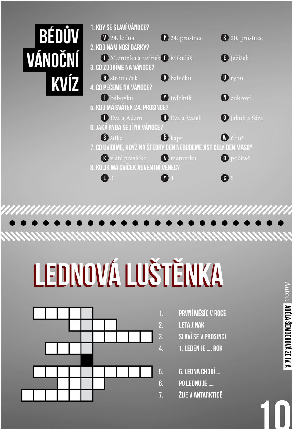 Jaká ryba se jí na Vánoce? Š štika Č kapr W úhoř 7. Co uvidíme, když na Štědrý den nebudeme jíst celý den maso? K zlaté prasátko A maminku O počítač 8.