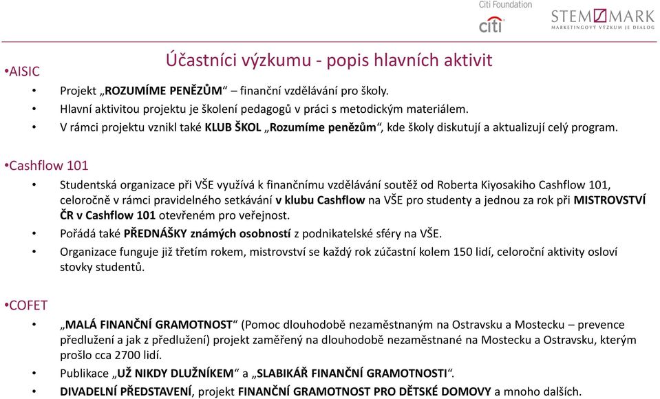 Cashflow 101 Studentská organizace při VŠE využívá k finančnímu vzdělávání soutěž od Roberta Kiyosakiho Cashflow 101, celoročně v rámci pravidelného setkávání v klubu Cashflow na VŠE pro studenty a