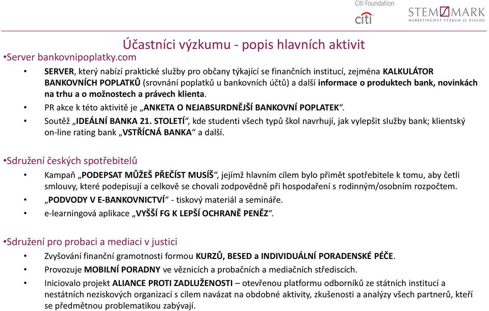 bank, novinkách na trhu a o možnostech a právech klienta. PR akce k této aktivitě je ANKETA O NEJABSURDNĚJŠÍ BANKOVNÍ POPLATEK. Soutěž IDEÁLNÍ BANKA 21.