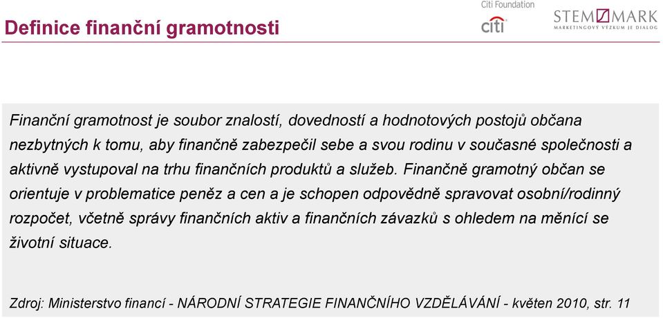 Finančně gramotný občan se orientuje v problematice peněz a cen a je schopen odpovědně spravovat osobní/rodinný rozpočet, včetně správy