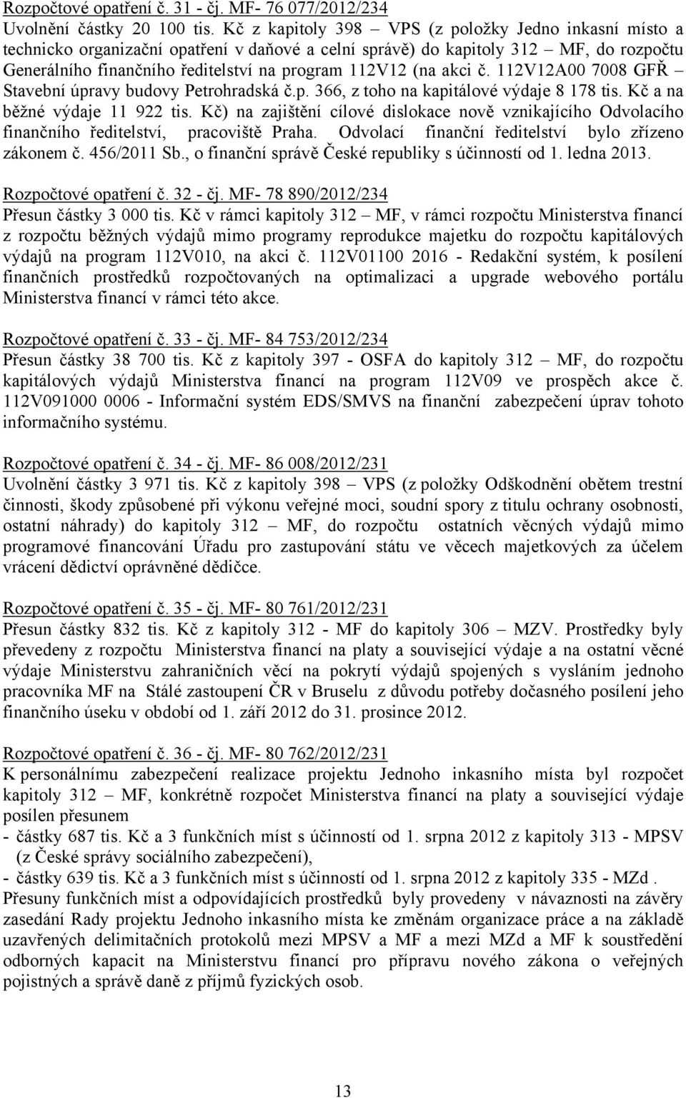 akci č. 112V12A00 7008 GFŘ Stavební úpravy budovy Petrohradská č.p. 366, z toho na kapitálové výdaje 8 178 tis. Kč a na běžné výdaje 11 922 tis.