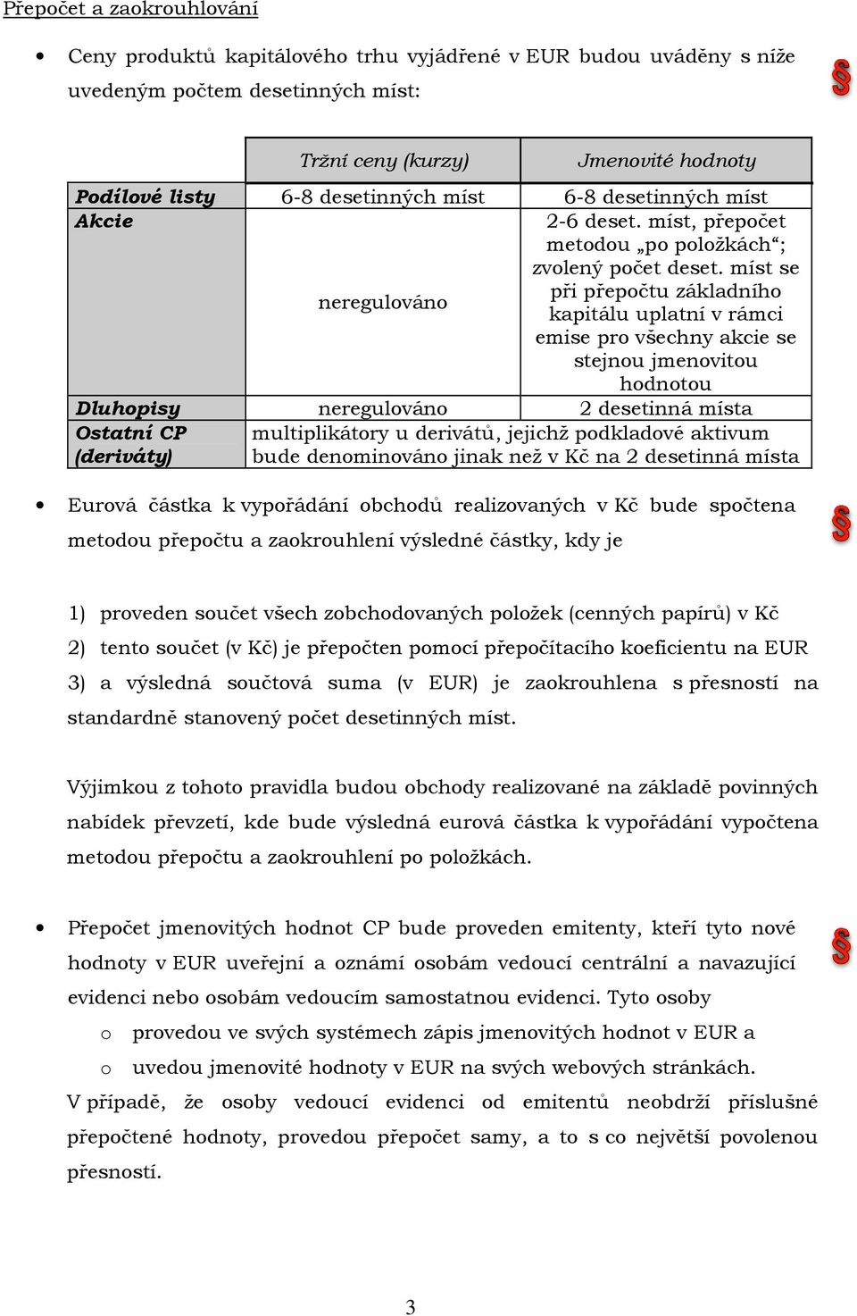 míst se při přepočtu základního kapitálu uplatní v rámci emise pro všechny akcie se stejnou jmenovitou hodnotou Dluhopisy neregulováno 2 desetinná místa Ostatní CP (deriváty) multiplikátory u