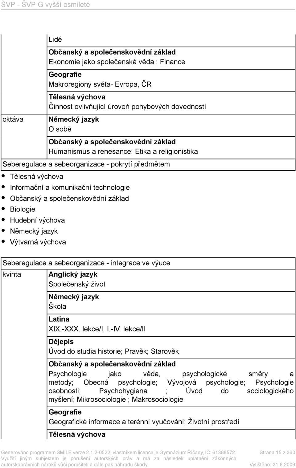 technologie Občanský a společenskovědní základ Biologie Hudební výchova Německý jazyk Výtvarná výchova Seberegulace a sebeorganizace - integrace ve výuce kvinta Anglický jazyk Společenský život