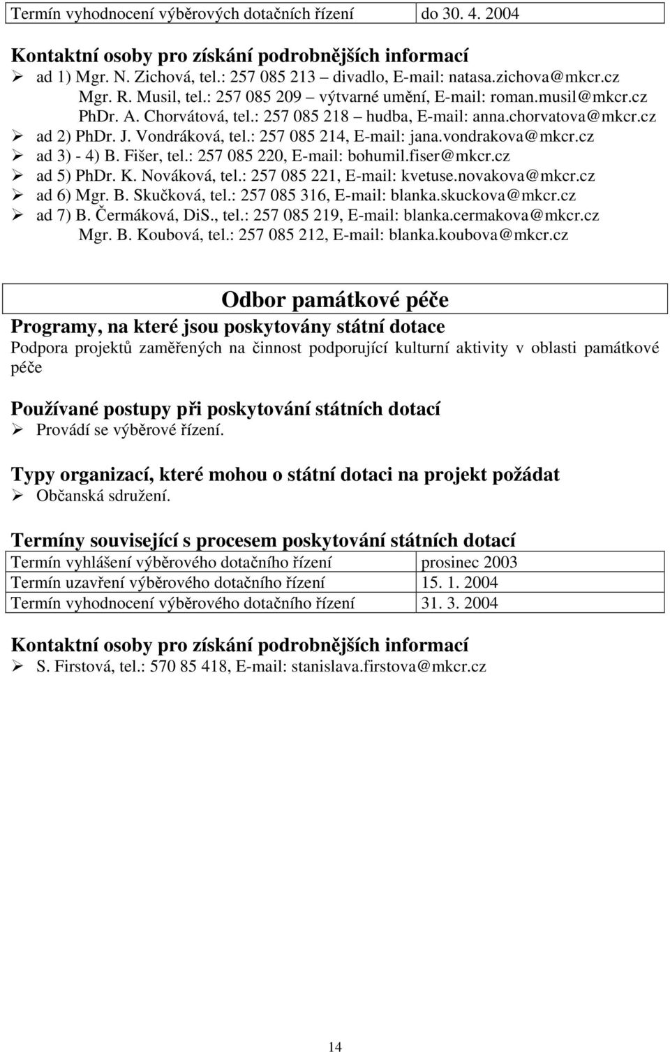 : 257 085 214, E-mail: jana.vondrakova@mkcr.cz ad 3) - 4) B. Fišer, tel.: 257 085 220, E-mail: bohumil.fiser@mkcr.cz ad 5) PhDr. K. Nováková, tel.: 257 085 221, E-mail: kvetuse.novakova@mkcr.