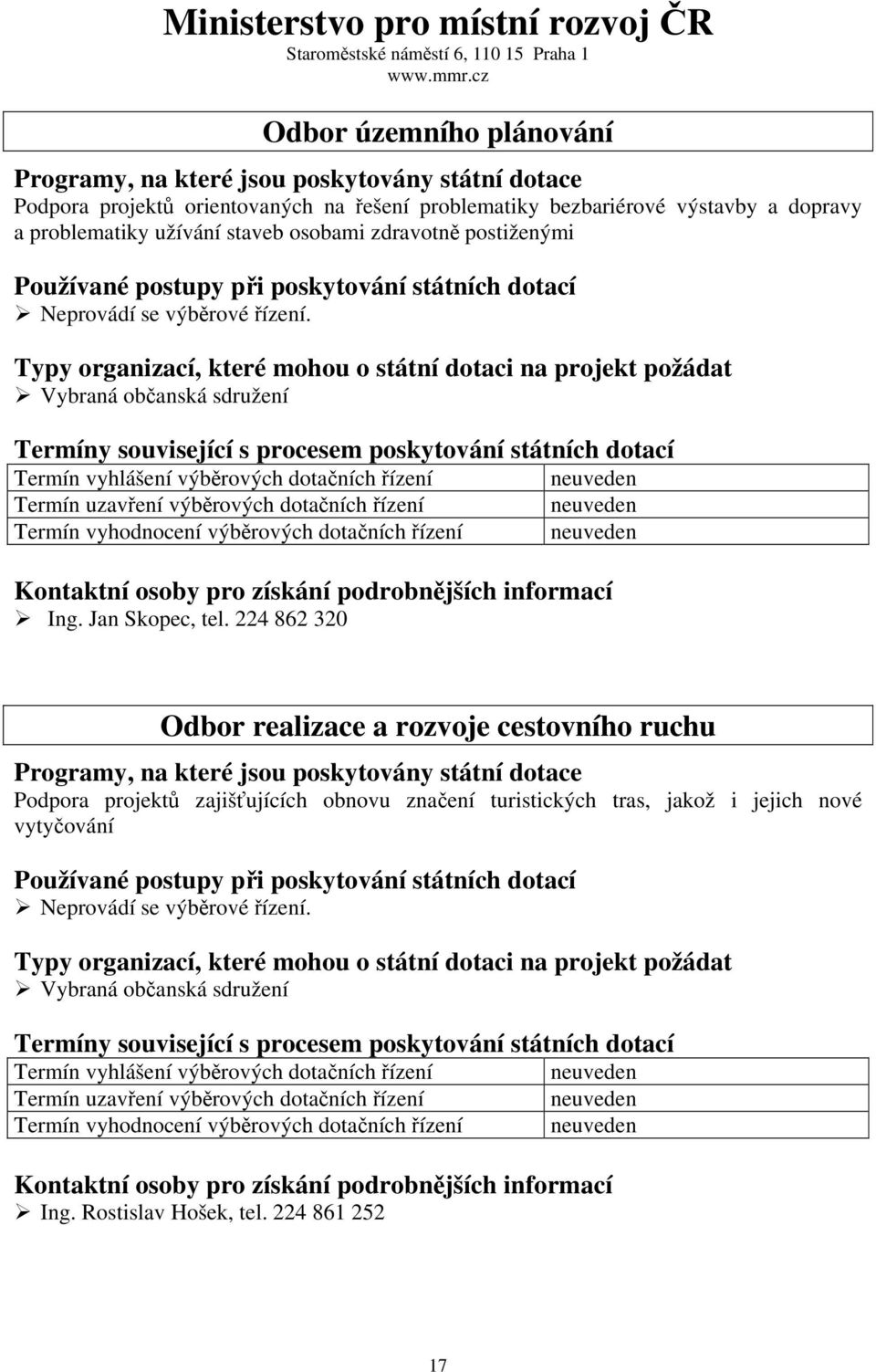 osobami zdravotně postiženými Používané postupy při poskytování státních dotací Neprovádí se výběrové řízení.