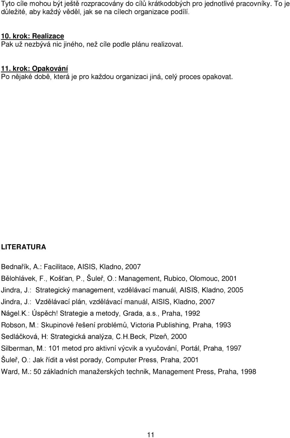 : Facilitace, AISIS, Kladno, 2007 Bělohlávek, F., Košťan, P., Šuleř, O.: Management, Rubico, Olomouc, 2001 Jindra, J.: Strategický management, vzdělávací manuál, AISIS, Kladno, 2005 Jindra, J.