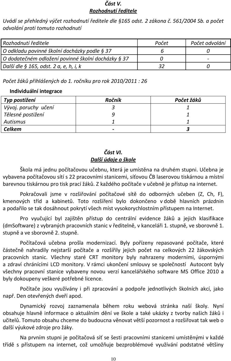 odst. 2 a, e, h, i, k 32 0 Počet žáků přihlášených do 1. ročníku pro rok 2010/2011 : 26 Individuální integrace Typ postižení Ročník Počet žáků Vývoj.