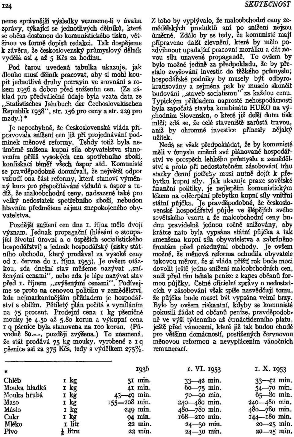 Pod čarou uvedená tabulka ukazuje, jak dlouho musí dělník pracovat, aby si mohl koupit jednotlivé druhy potrayin ve srovnání s rokem 1936 a dobou před snížením cen.