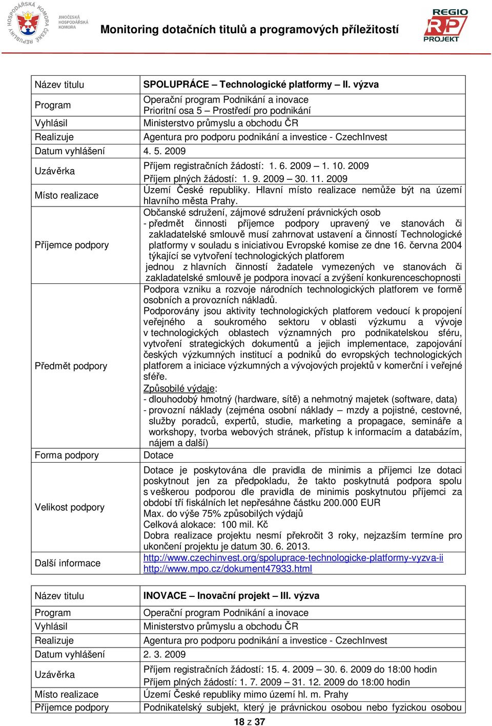 1. 6. 2009 1. 10. 2009 Píjem plných žádostí: 1. 9. 2009 30. 11. 2009 Území eské republiky. Hlavní místo realizace nemže být na území hlavního msta Prahy.