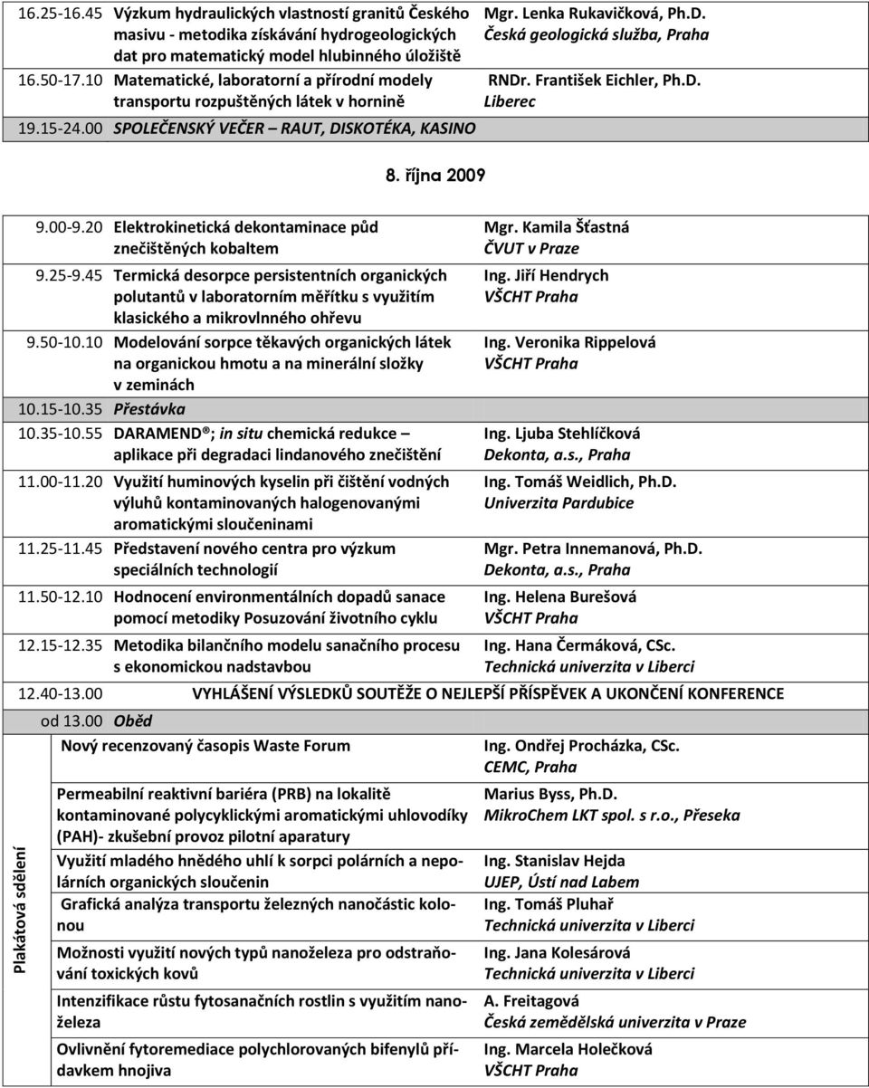 František Eichler, Ph.D. Liberec 9.00-9.20 Elektrokinetická dekontaminace půd znečištěných kobaltem 9.25-9.