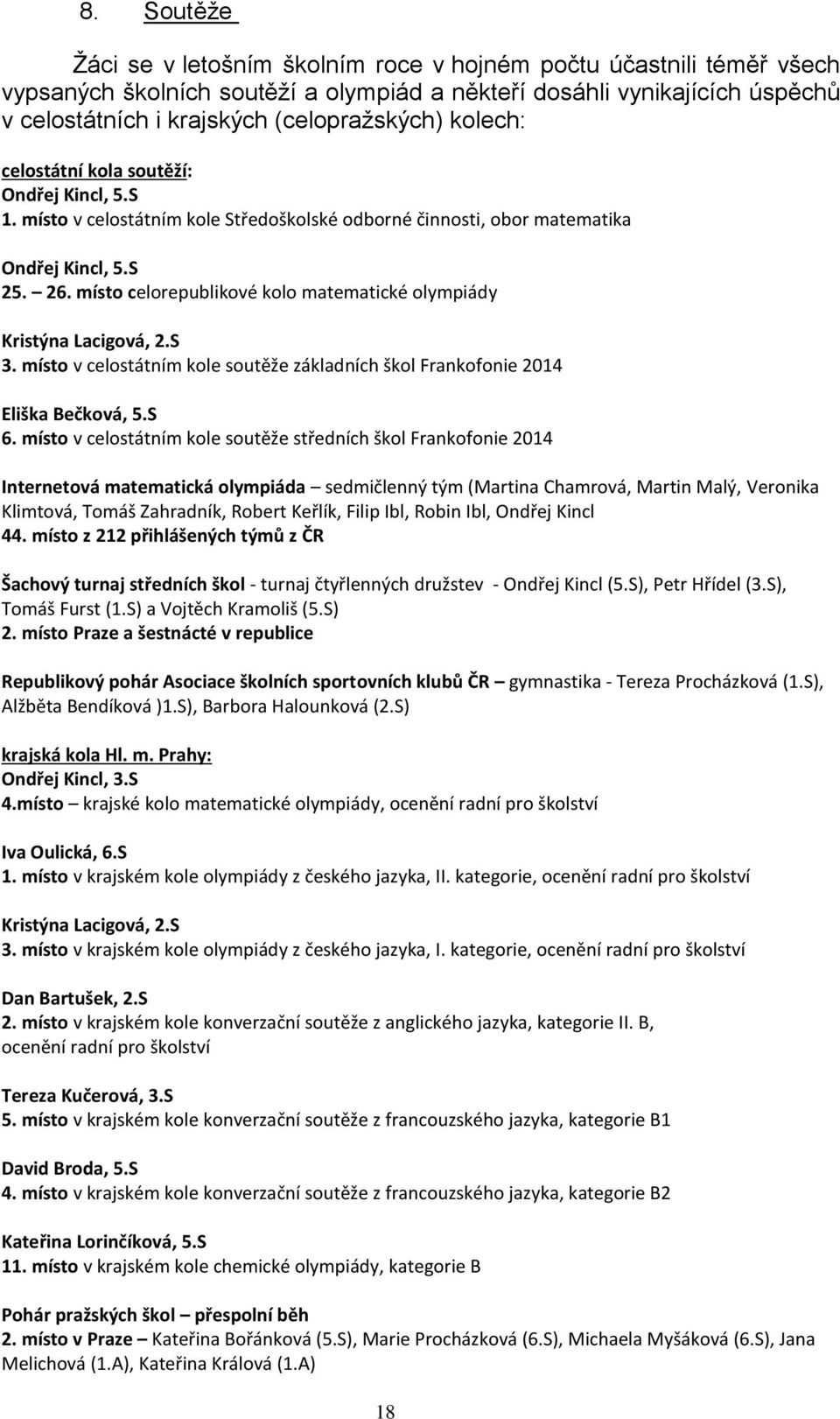 místo celorepublikové kolo matematické olympiády Kristýna Lacigová, 2.S 3. místo v celostátním kole soutěže základních škol Frankofonie 2014 Eliška Bečková, 5.S 6.