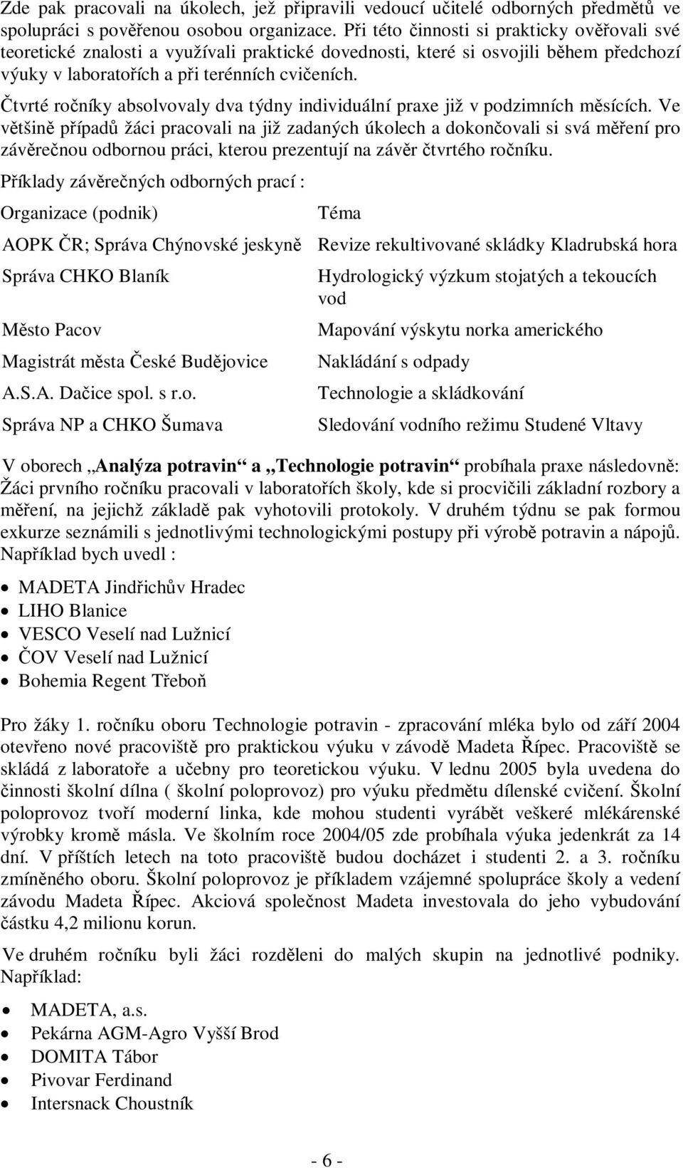 tvrté roníky absolvovaly dva týdny individuální praxe již v podzimních msících.