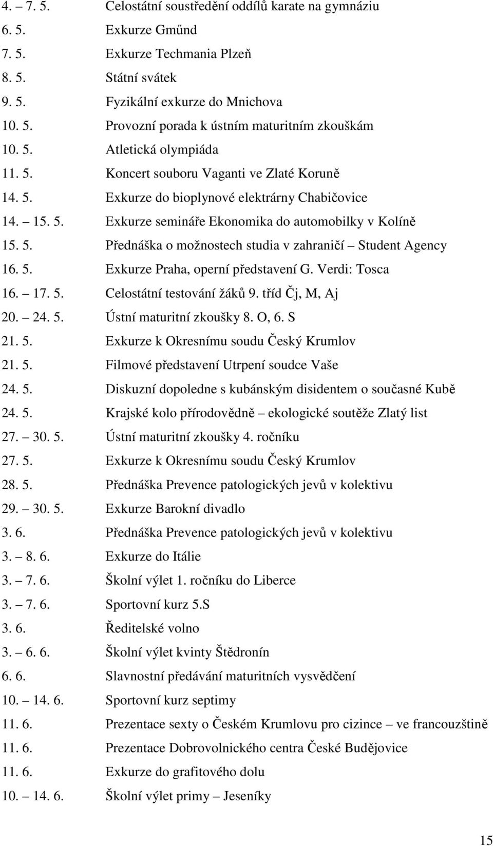 5. Exkurze Praha, operní představení G. Verdi: Tosca 16. 17. 5. Celostátní testování žáků 9. tříd Čj, M, Aj 20. 24. 5. Ústní maturitní zkoušky 8. O, 6. S 21. 5. Exkurze k Okresnímu soudu Český Krumlov 21.