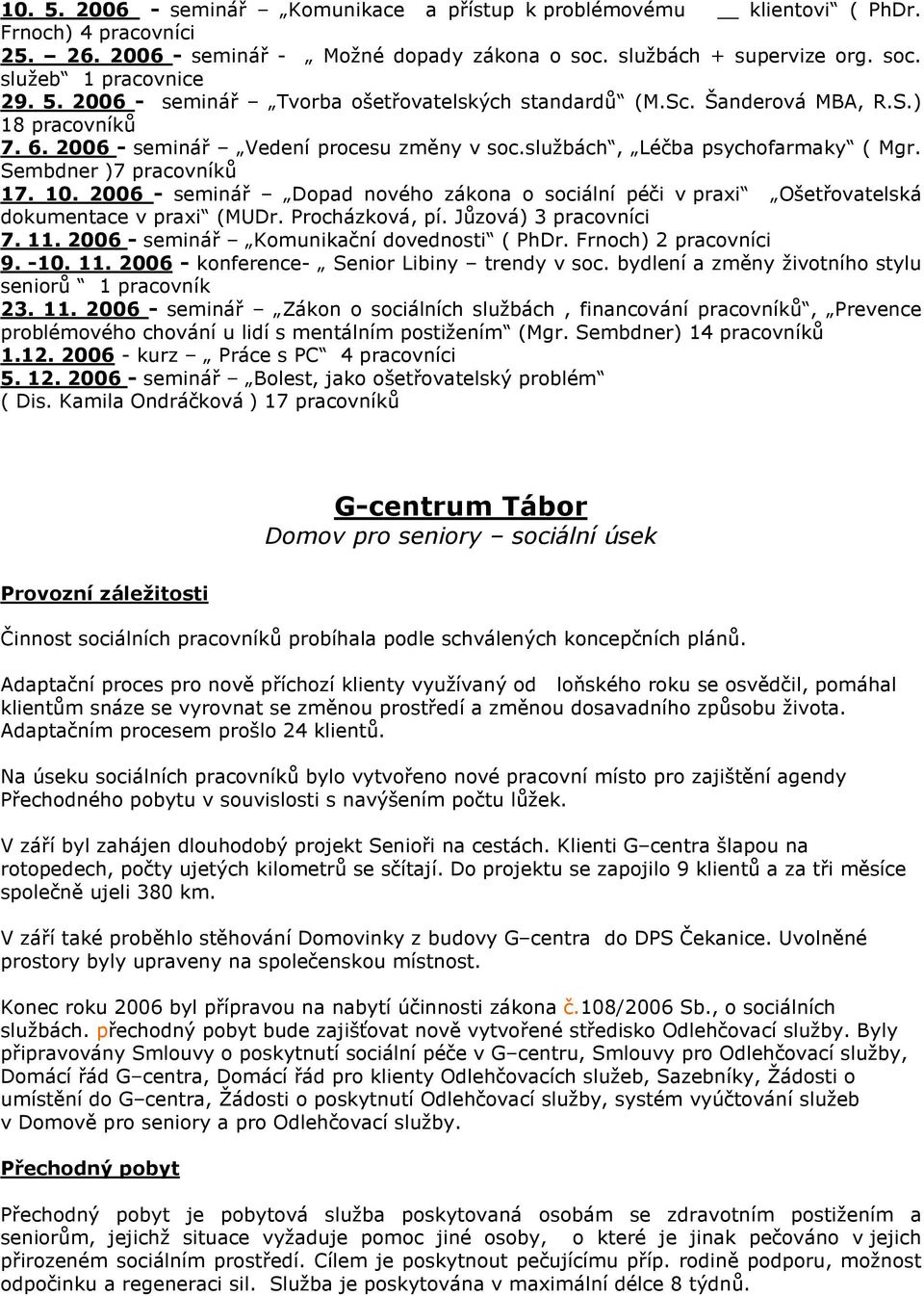 Sembdner )7 pracovníků 17. 10. 2006 - seminář Dopad nového zákona o sociální péči v praxi Ošetřovatelská dokumentace v praxi (MUDr. Procházková, pí. Jůzová) 3 pracovníci 7. 11.