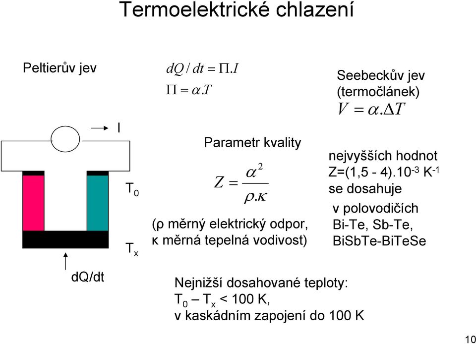 κ (ρ měrný elektrický odpor, κ měrná tepelná vodivost) Seebeckův jev (termočlánek) V = α.