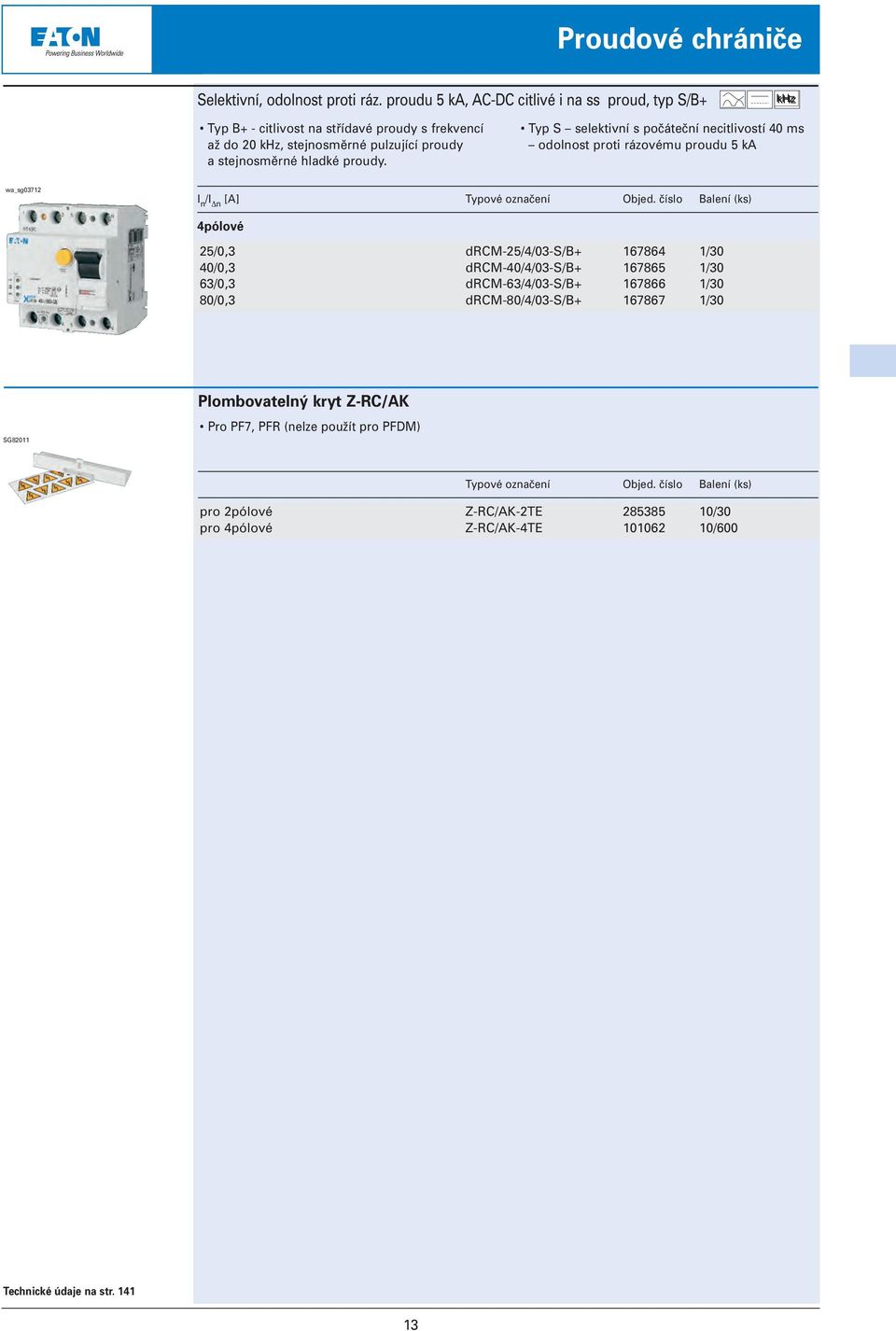 Typ S selektivní s počáteční necitlivostí 40 ms odolnost proti rázovému proudu 5 ka wa_sg03712 I n /I Δn [A] Typové označení Objed.