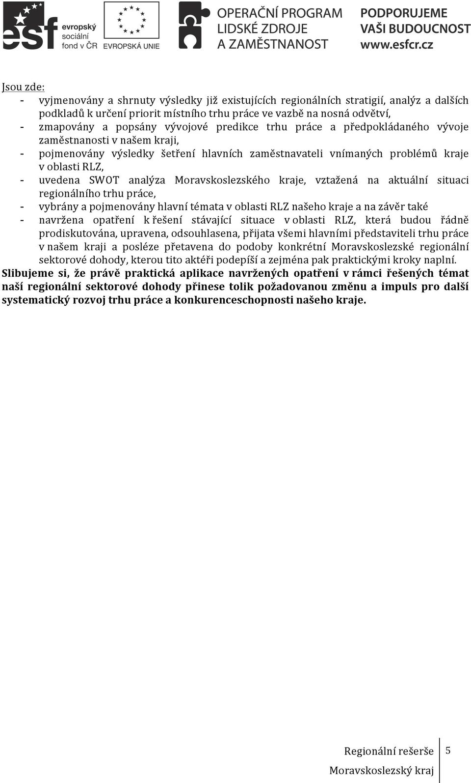 analýza Moravskoslezského kraje, vztažená na aktuální situaci regionálního trhu práce, - vybrány a pojmenovány hlavní témata v oblasti RLZ našeho kraje a na závěr také - navržena opatření k řešení