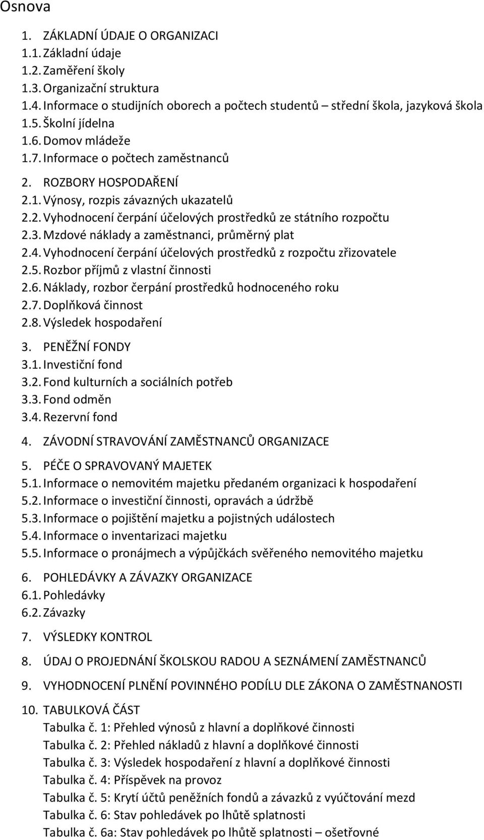 3. Mzdové náklady a zaměstnanci, průměrný plat 2.4. Vyhodnocení čerpání účelových prostředků z rozpočtu zřizovatele 2.5. Rozbor příjmů z vlastní činnosti 2.6.