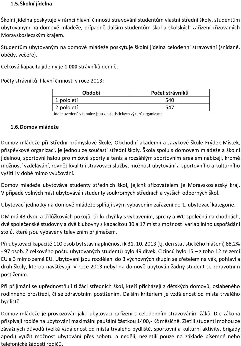 Celková kapacita jídelny je 1 000 strávníků denně. Počty strávníků hlavní činnosti v roce 2013: 1.6. Domov mládeže Období Počet strávníků 1.pololetí 540 2.