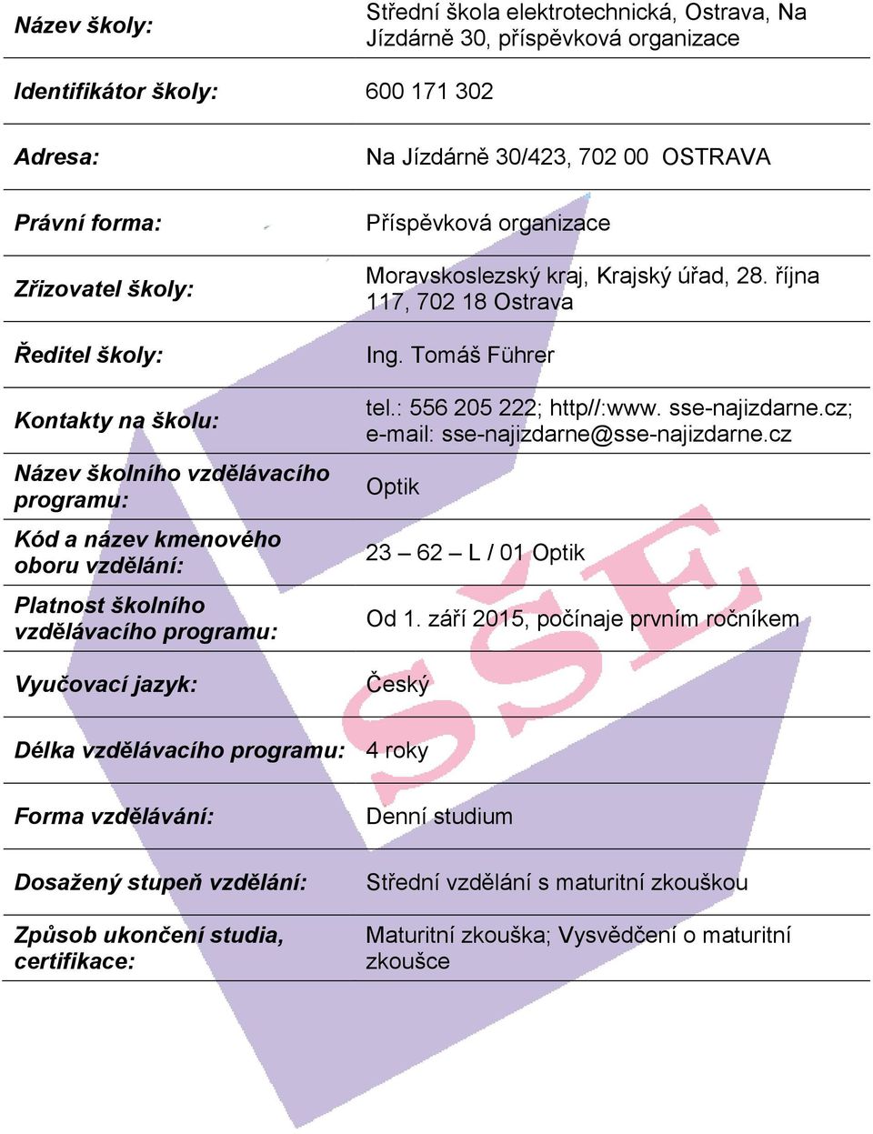 Moravskoslezský kraj, Krajský úřad, 28. října 117, 702 18 Ostrava Ing. Tomáš Führer tel.: 556 205 222; http//:www. sse-najizdarne.cz; e-mail: sse-najizdarne@sse-najizdarne.