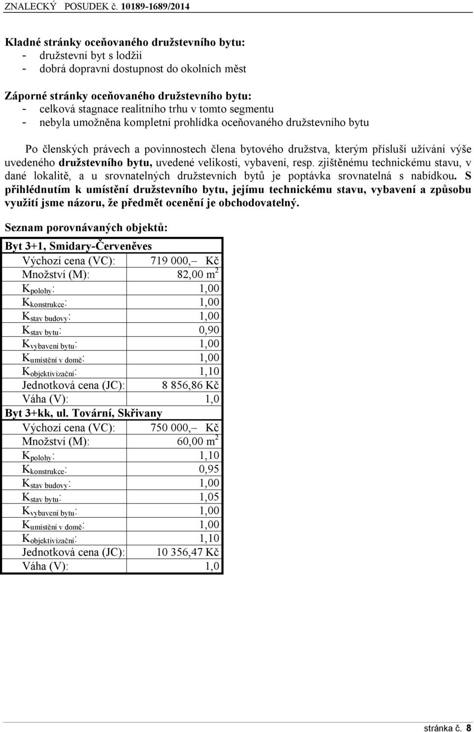 bytu, uvedené velikosti, vybavení, resp. zjištěnému technickému stavu, v dané lokalitě, a u srovnatelných družstevních bytů je poptávka srovnatelná s nabídkou.