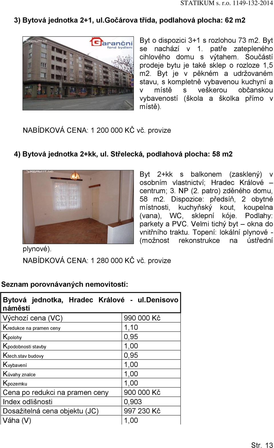 NABÍDKOVÁ CENA: 1 200 000 KČ vč. provize 4) Bytová jednotka 2+kk, ul. Střelecká, podlahová plocha: 58 m2 plynové). NABÍDKOVÁ CENA: 1 280 000 KČ vč.