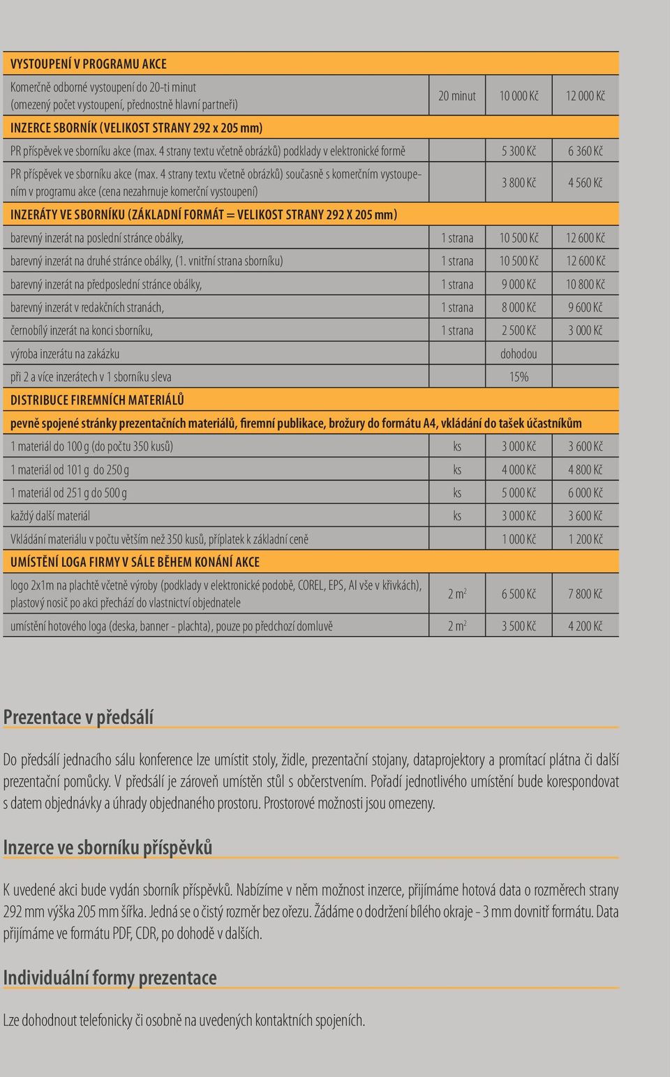 4 strany textu včetně obrázků) současně s komerčním vystoupením v programu akce (cena nezahrnuje komerční vystoupení) 3 800 Kč 4 560 Kč INZERÁTY VE SBORNÍKU (ZÁKLADNÍ FORMÁT = VELIKOST STRANY 292 X