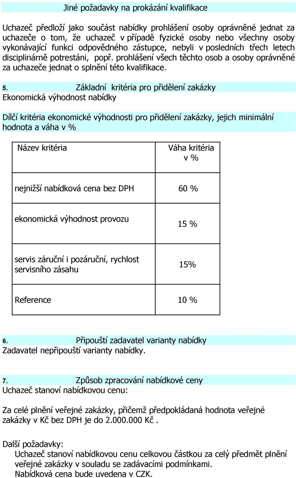 Základní kritéria pro přidělení zakázky Ekonomická výhodnost nabídky Dílčí kritéria ekonomické výhodnosti pro přidělení zakázky, jejich minimální hodnota a váha v % Název kritéria Váha kritéria v %
