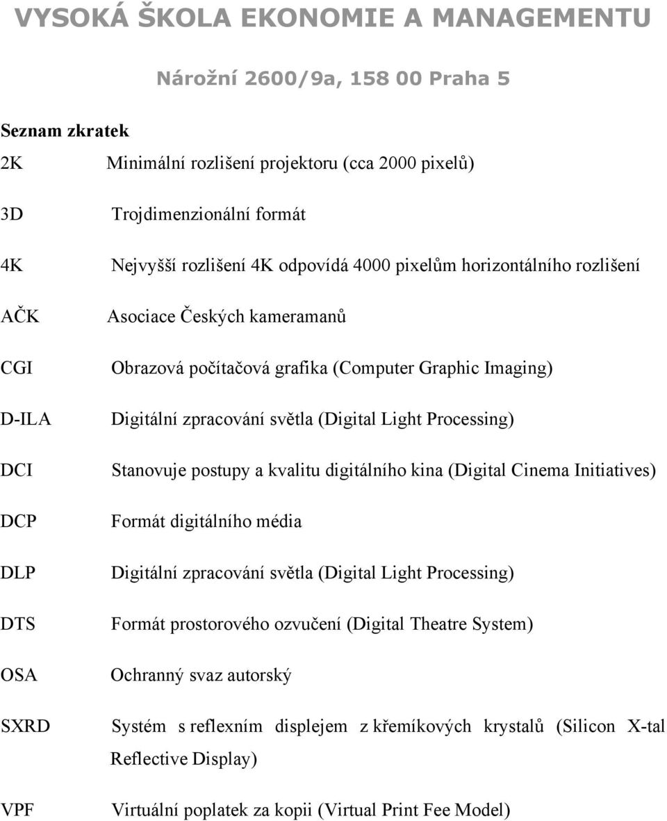 Stanovuje postupy a kvalitu digitálního kina (Digital Cinema Initiatives) Formát digitálního média Digitální zpracování světla (Digital Light Processing) Formát prostorového