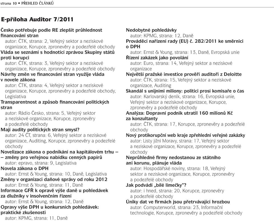 novele zákona autor: ČTK, strana: 4, Veřejný sektor a neziskové organizace, Korupce, zpronevěry, Legislativa Transparentnost a způsob financování politických stran autor: Rádio Česko, strana: 5,