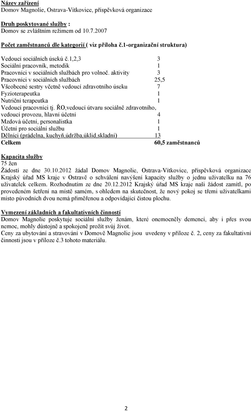 aktivity 3 Pracovníci v sociálních službách 25,5 Všeobecné sestry včetně vedoucí zdravotního úseku 7 Fyzioterapeutka 1 Nutriční terapeutka 1 Vedoucí pracovníci tj.