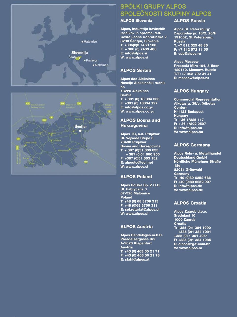 yu W: www.alpos.co.yu ALPOS Bosna and Herzegovina Alpos TC, a.d. Prnjavor Ul.