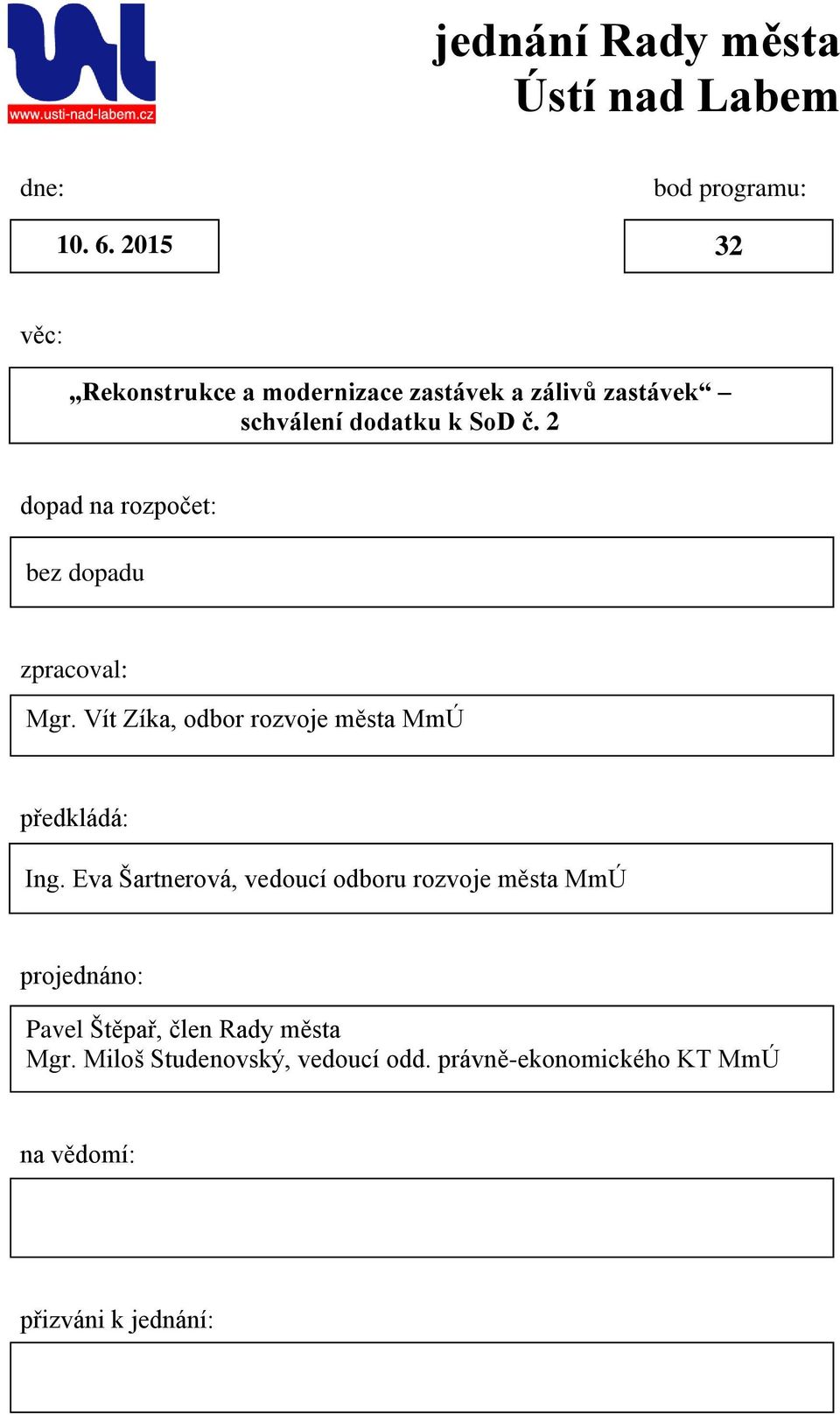 2 dopad na rozpočet: bez dopadu zpracoval: Mgr. Vít Zíka, odbor rozvoje města MmÚ předkládá: Ing.