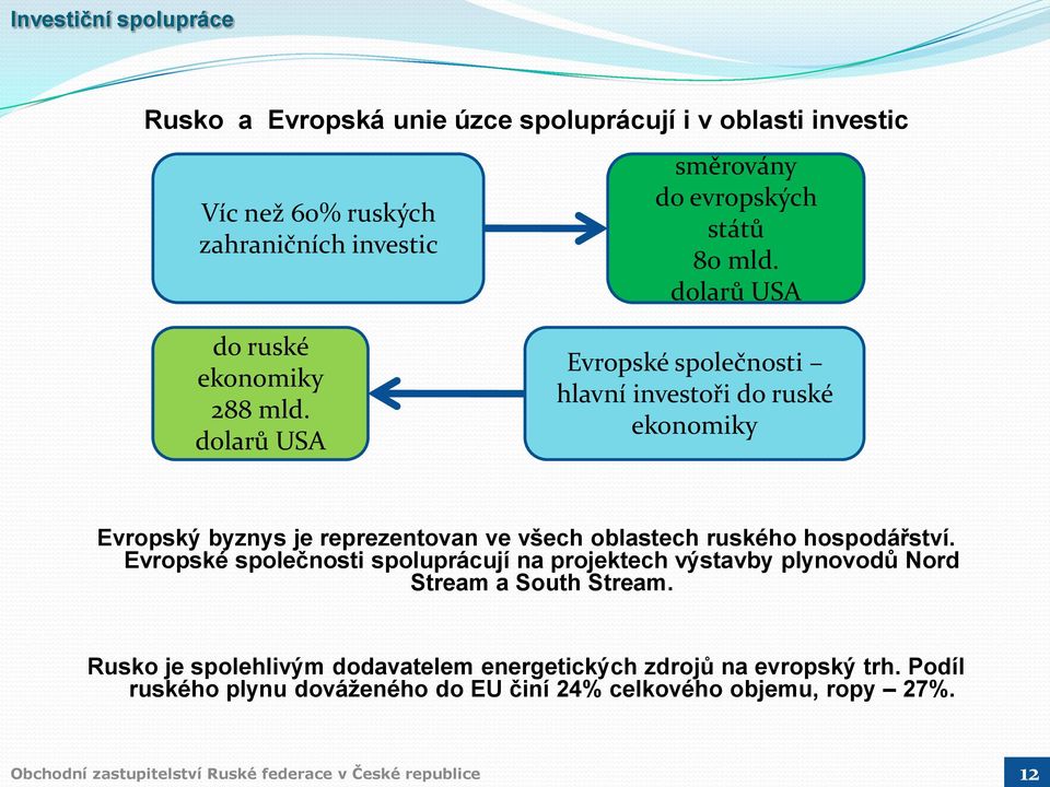 dolarů USA Evropské společnosti hlavní investoři do ruské ekonomiky Evropský byznys je reprezentovan ve všech oblastech ruského hospodářství.