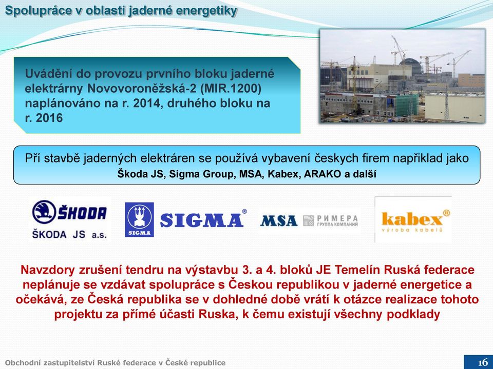 2016 Pří stavbě jaderných elektráren se používá vybavení českych firem napřiklad jako Škoda JS, Sigma Group, MSA, Kabex, ARAKO a další Navzdory