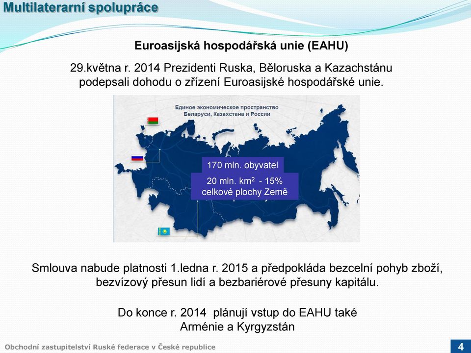 170 mln. obyvatel 20 mln. km 2-15% celkové plochy Země Smlouva nabude platnosti 1.ledna r.