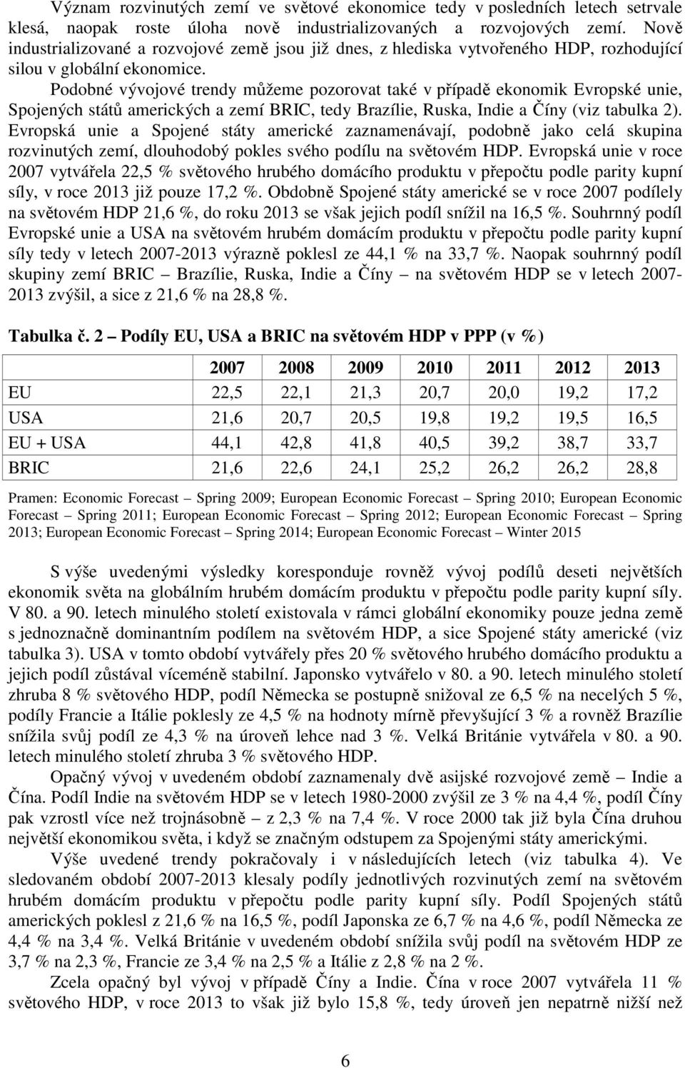 Podobné vývojové trendy můžeme pozorovat také v případě ekonomik Evropské unie, Spojených států amerických a zemí BRIC, tedy Brazílie, Ruska, Indie a Číny (viz tabulka 2).