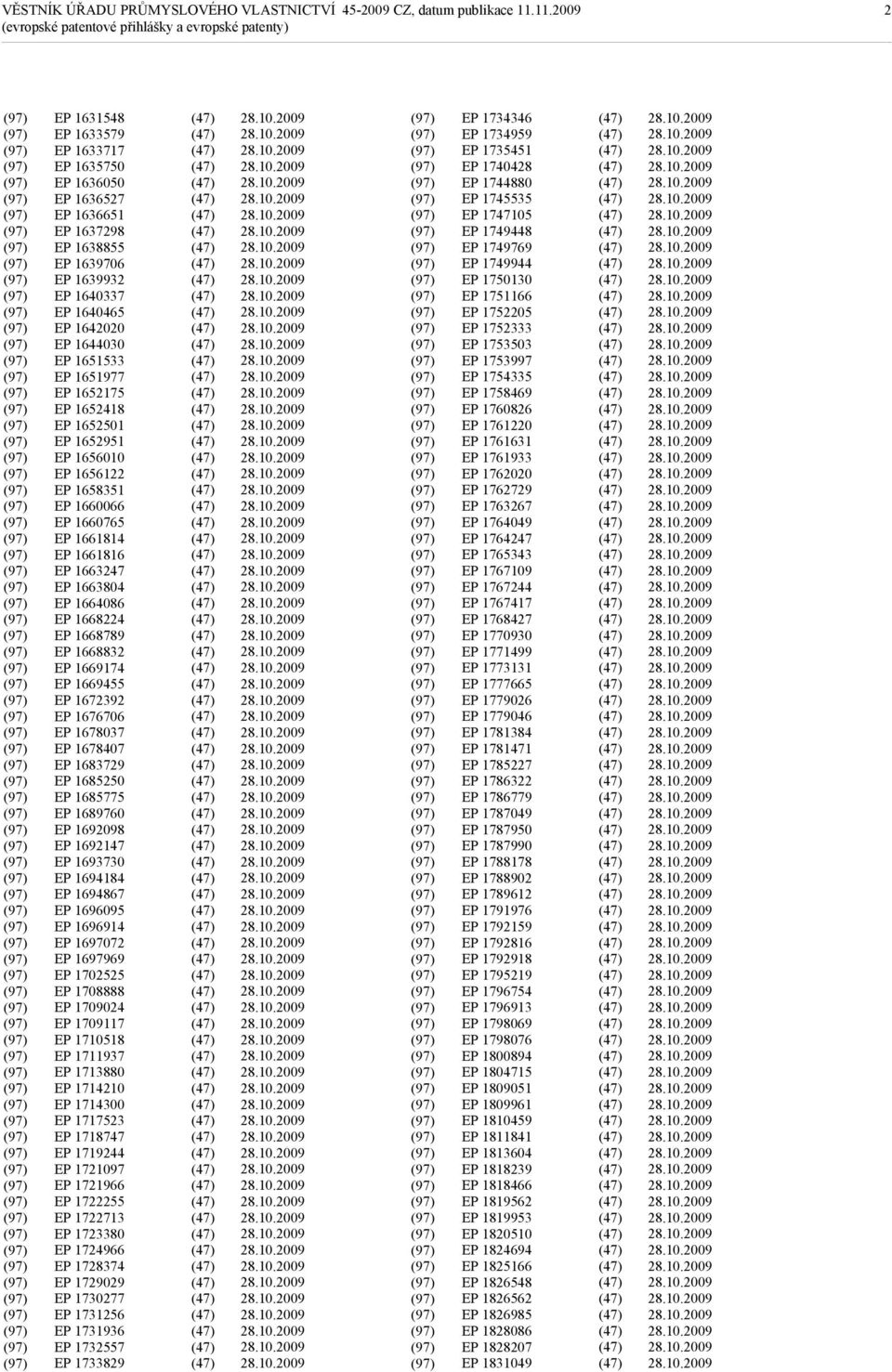 1668224 EP 1668789 EP 1668832 EP 1669174 EP 1669455 EP 1672392 EP 1676706 EP 1678037 EP 1678407 EP 1683729 EP 1685250 EP 1685775 EP 1689760 EP 1692098 EP 1692147 EP 1693730 EP 1694184 EP 1694867 EP