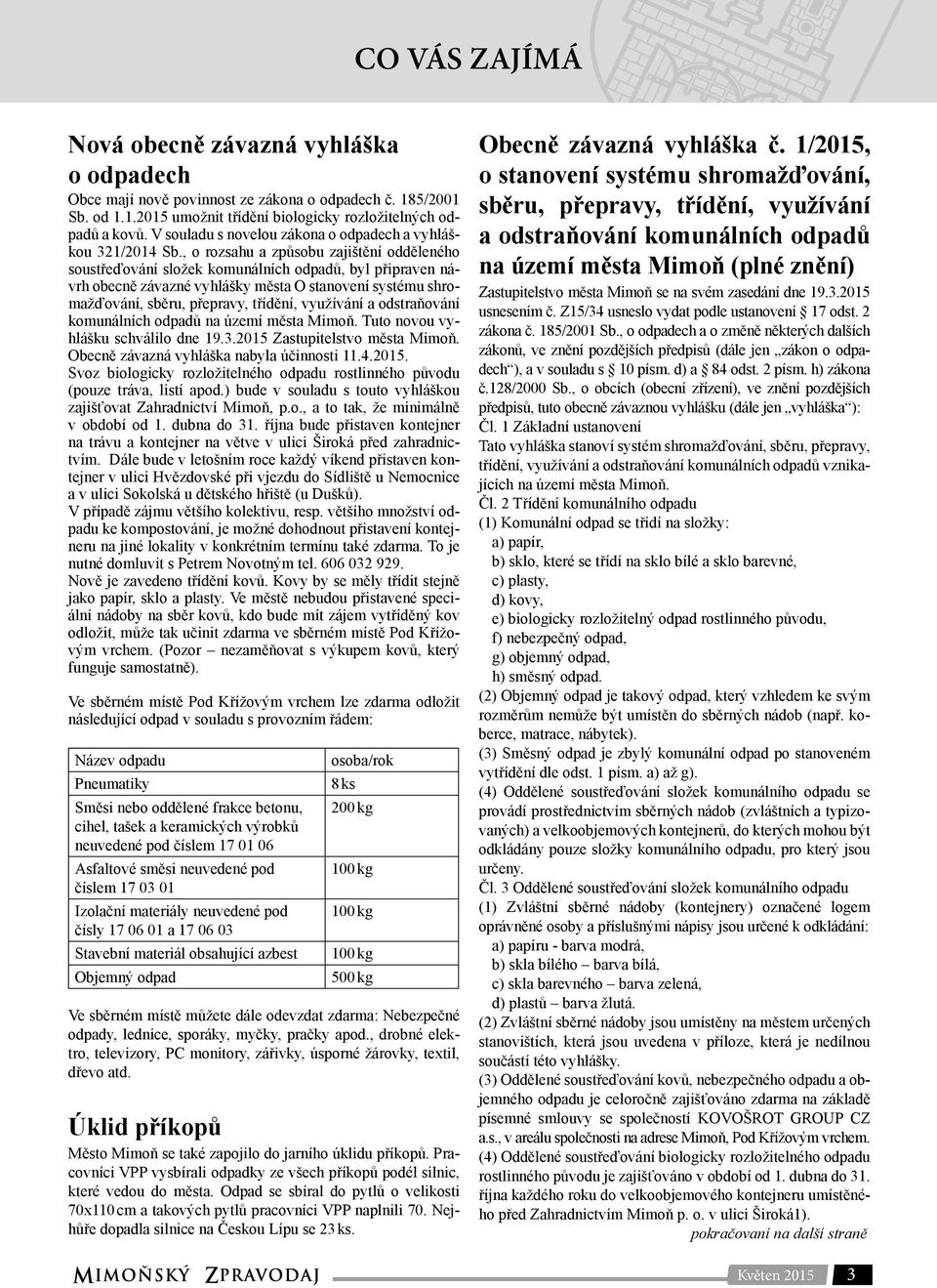 , o rozsahu a způsobu zajištění odděleného soustřeďování složek komunálních odpadů, byl připraven návrh obecně závazné vyhlášky města O stanovení systému shromažďování, sběru, přepravy, třídění,