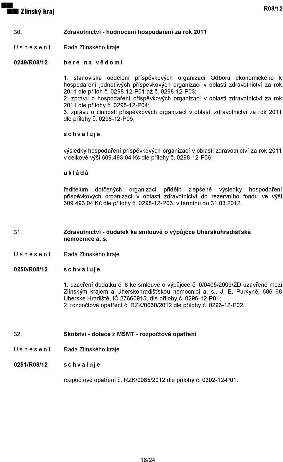 zprávu o hospodaření příspěvkových organizací v oblasti zdravotnictví za rok 2011 dle přílohy č. 0298-12-P04; 3.