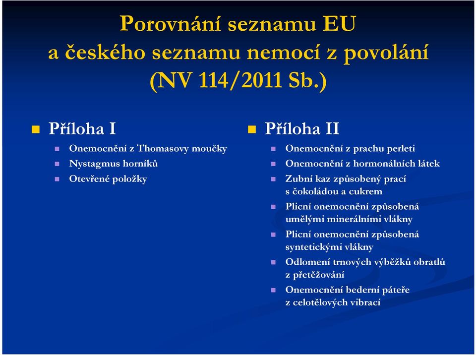 Onemocnění z hormonálních látek Zubní kaz způsobený prací s čokoládou a cukrem Plicní onemocnění způsobená umělými