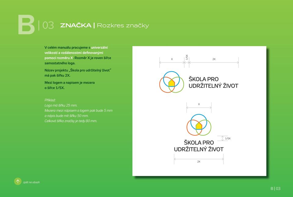 X 2X Název projektu Škola pro udržitelný život má pak šířku 2X. Mezi logem a napisem je mezera o šířce.
