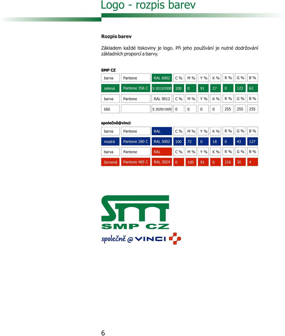 SMP CZ barva Pantone zelená Pantone 356 C barva Pantone bílá RAL 6002 C% M% Y% K% R% G% B% S 2013/5300 100 0 91 27 0 123 62 RAL