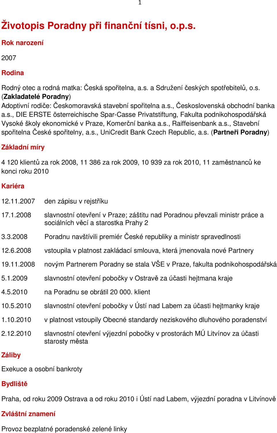 s., UniCredit Bank Czech Republic, a.s. (Partneři Poradny) Základní míry 4 120 klientů za rok 2008, 11 386 za rok 2009, 10 939 za rok 2010, 11 zaměstnanců ke konci roku 2010 Kariéra 12.11.2007 den zápisu v rejstříku 17.