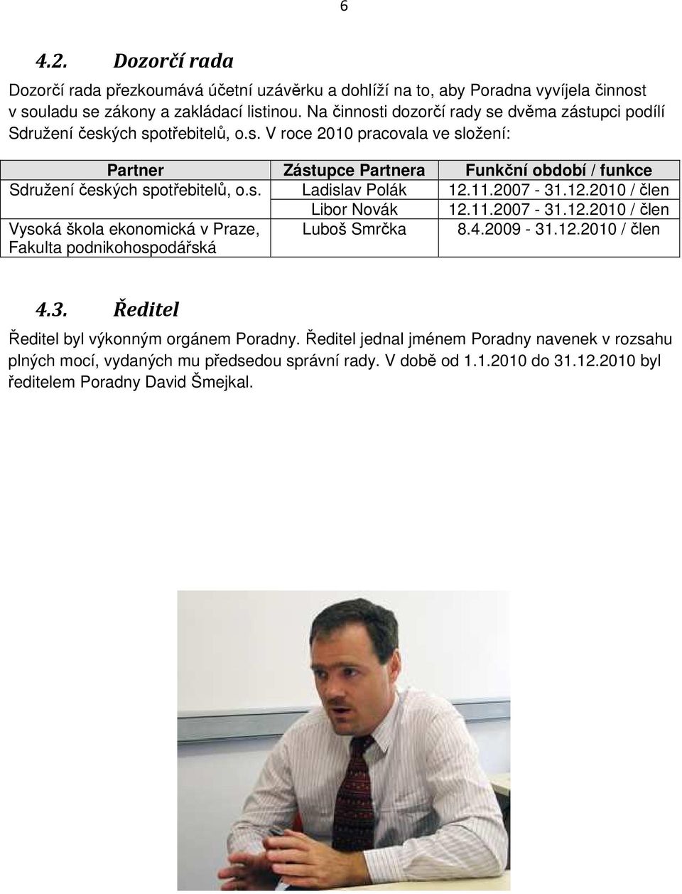 s. Ladislav Polák 12.11.2007-31.12.2010 / člen Libor Novák 12.11.2007-31.12.2010 / člen Vysoká škola ekonomická v Praze, Fakulta podnikohospodářská Luboš Smrčka 8.4.2009-31.12.2010 / člen 4.