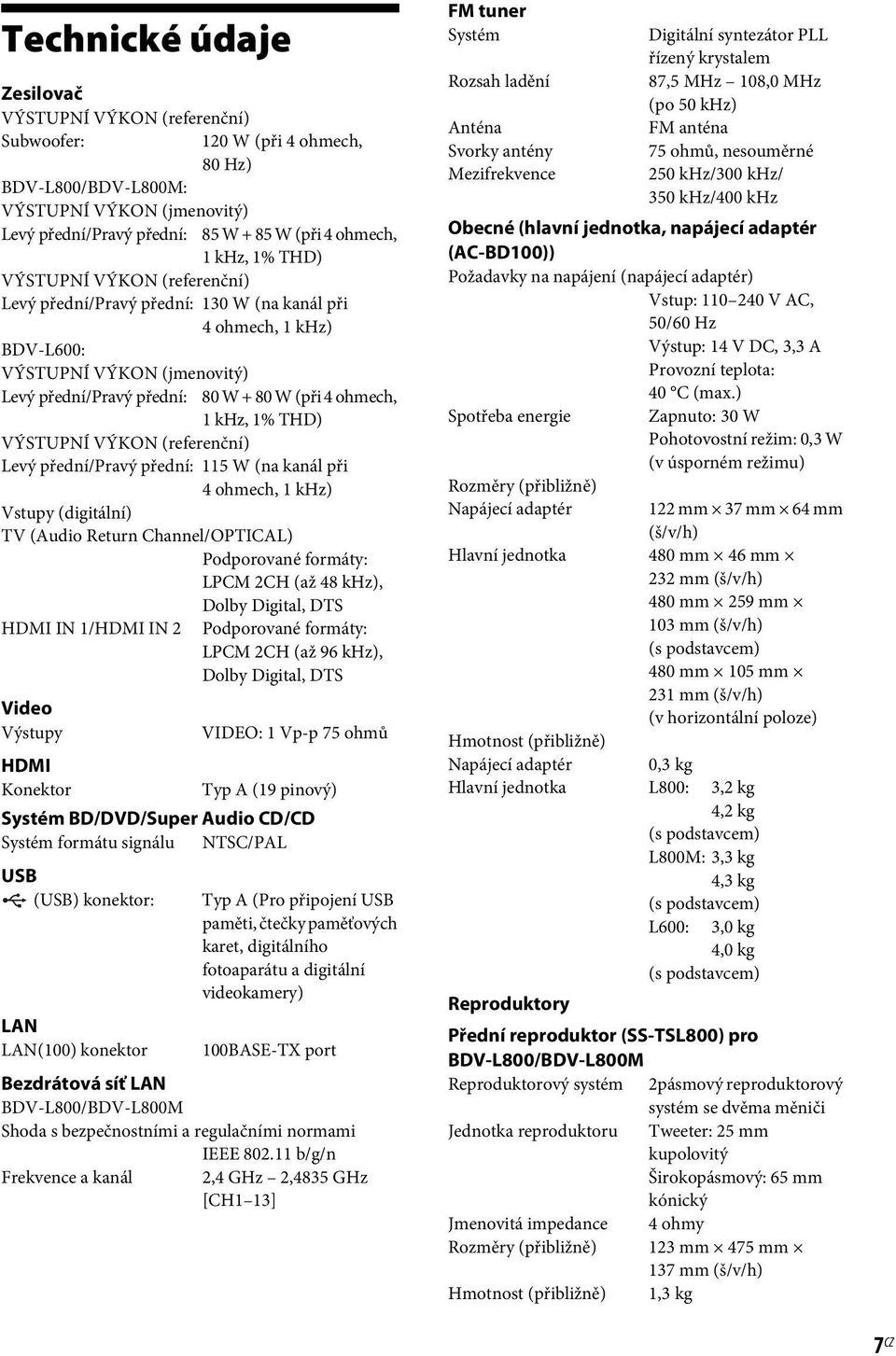 THD) VÝSTUPNÍ VÝKON (referenční) Levý přední/pravý přední: 115 W (na kanál při 4 ohmech, 1 khz) Vstupy (digitální) TV (Audio Return Channel/OPTICAL) Podporované formáty: LPCM 2CH (až 48 khz), Dolby