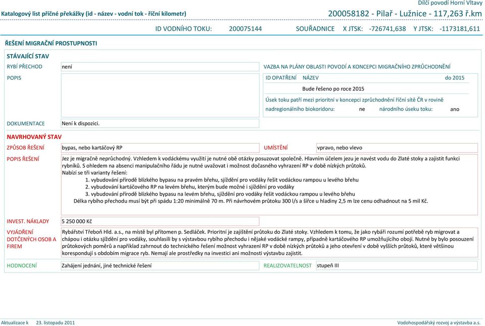 nadregionálního biokoridoru: ne národního úseku toku: ano NAVRHOVANÝ STAV ZPŮSOB ŘEŠENÍ bypas, nebo kartáčový RP UMÍSTĚNÍ vpravo, nebo vlevo POPIS ŘEŠENÍ Jez je migračně neprůchodný.