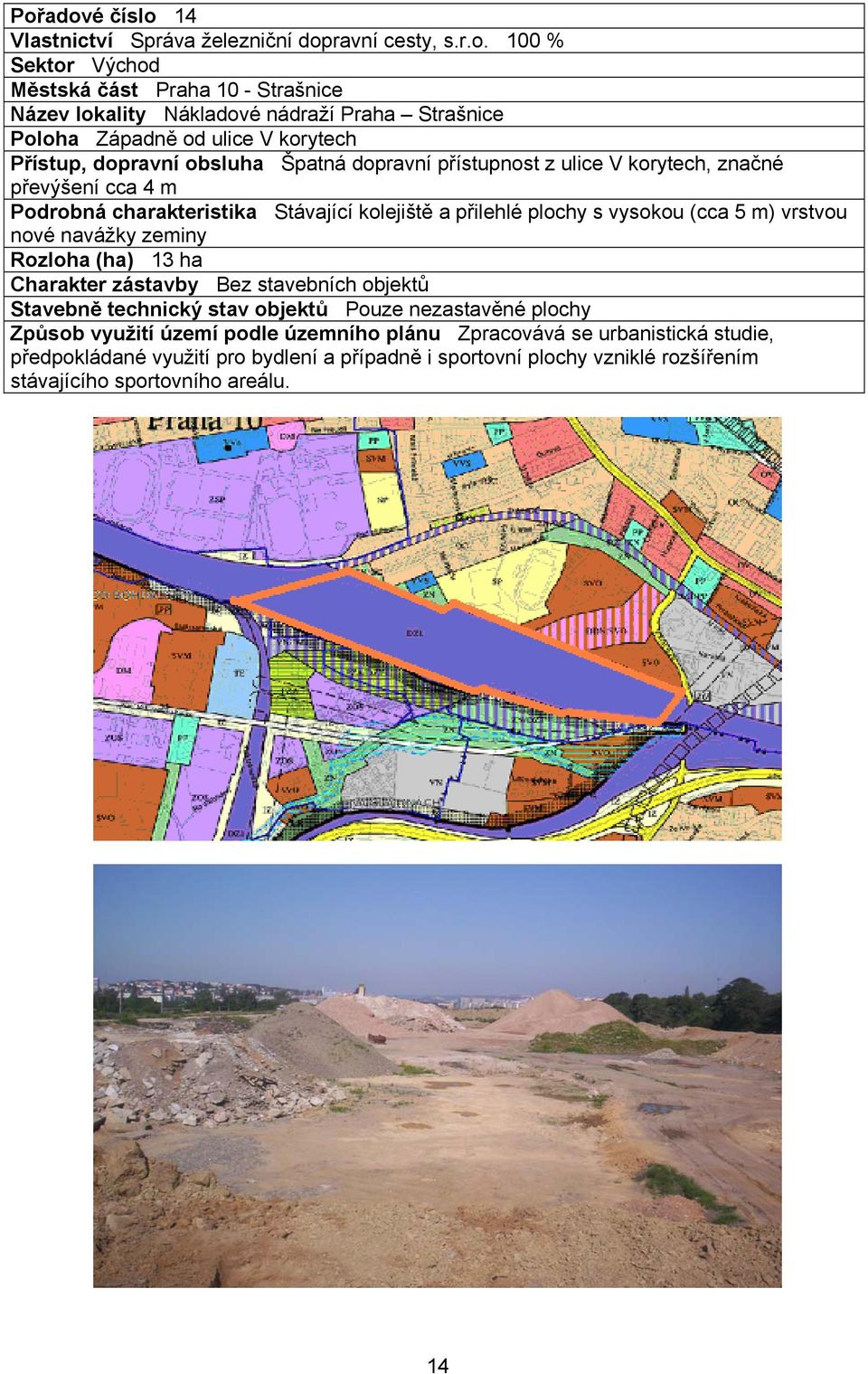 plochy s vysokou (cca 5 m) vrstvou nové navážky zeminy Rozloha (ha) 13 ha Charakter zástavby Bez stavebních objektů Stavebně technický stav objektů Pouze nezastavěné plochy Způsob