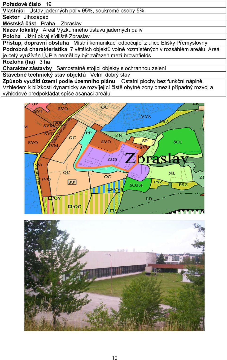 Areál je celý využíván ÚJP a neměl by být zařazen mezi brownfields Rozloha (ha) 3 ha Charakter zástavby Samostatně stojící objekty s ochrannou zelení Stavebně technický stav objektů Velmi dobrý